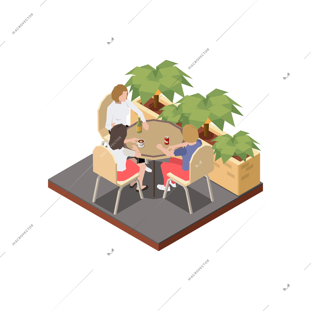 Street cafe terrace isometric composition with characters of female friends outdoors vector illustration