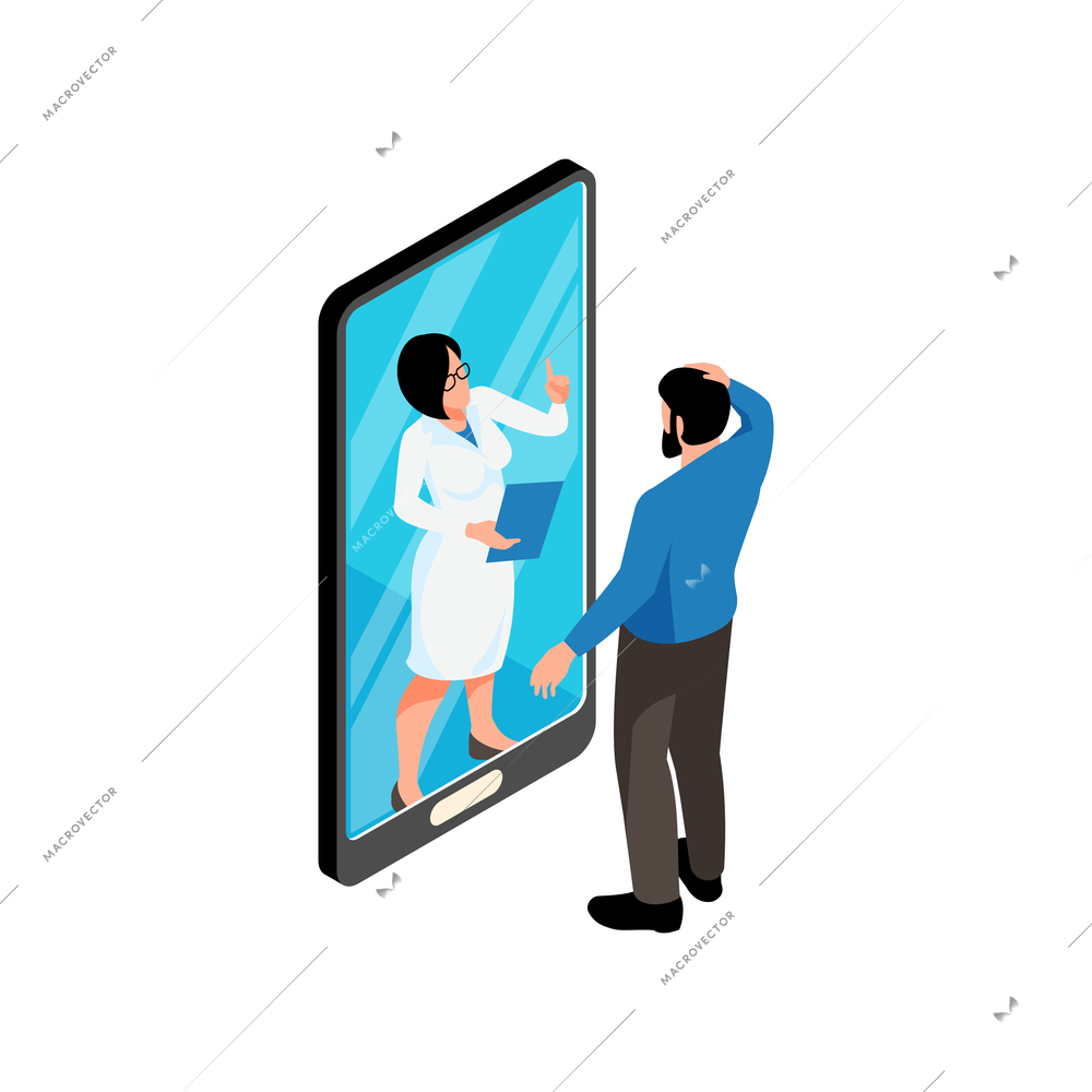 Isometric online medicine composition with female medical specialist talking from smartphone screen vector illustration