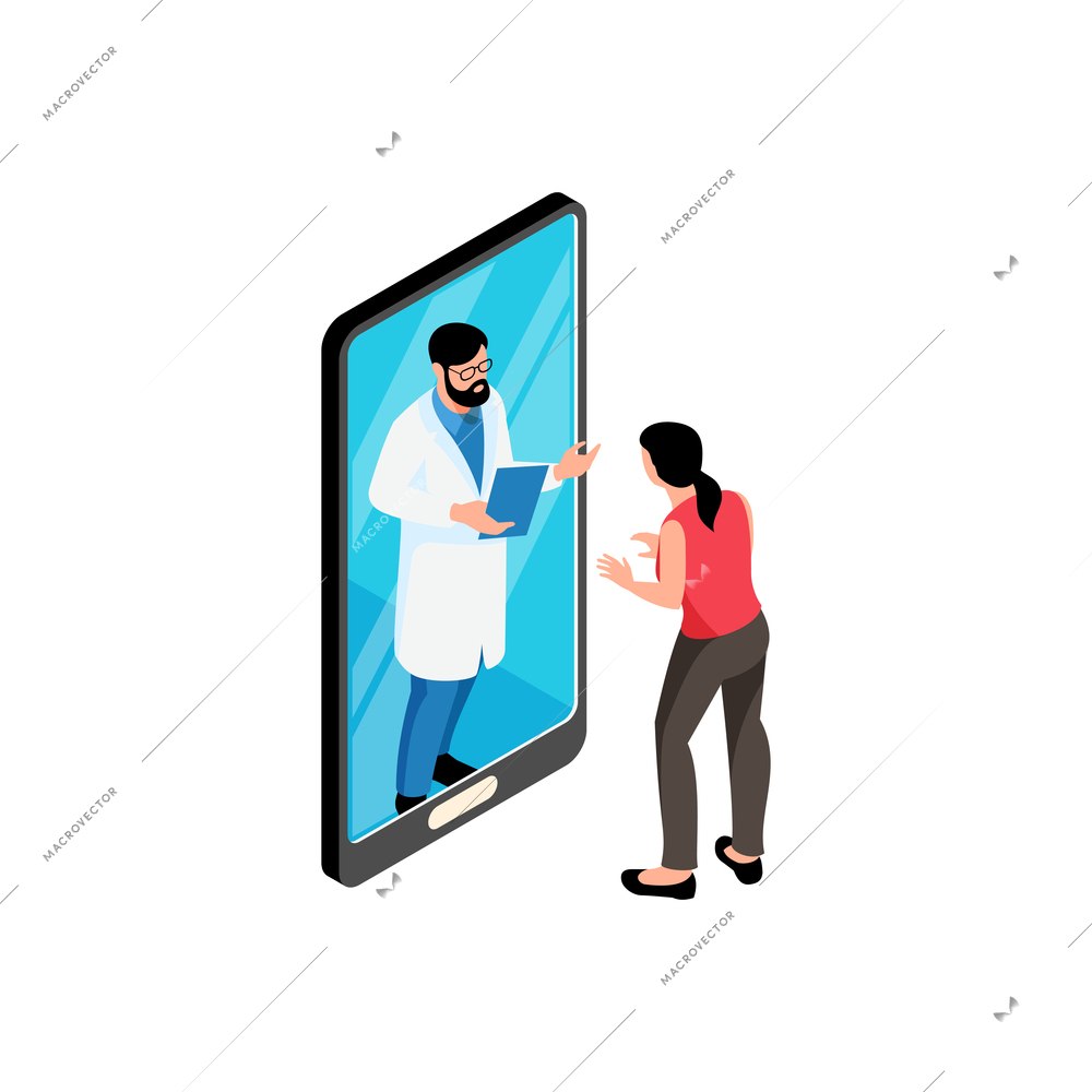 Isometric online medicine composition with female patient character talking to doctor on phone screen vector illustration