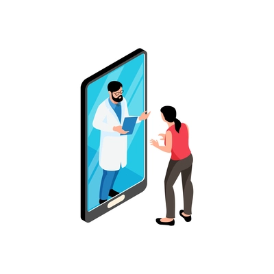 Isometric online medicine composition with female patient character talking to doctor on phone screen vector illustration