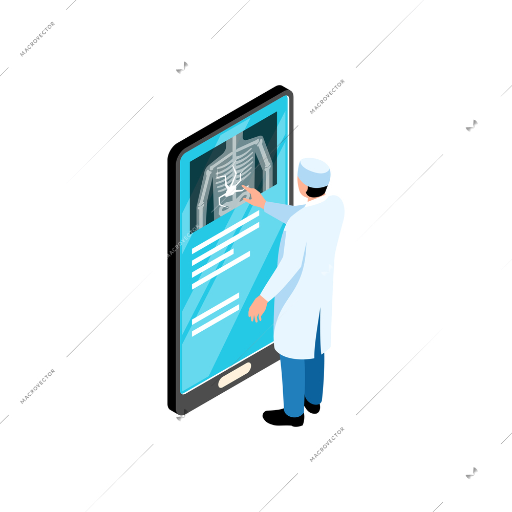 Isometric online medicine composition with doctors character checking x-ray radiogram on phone screen vector illustration