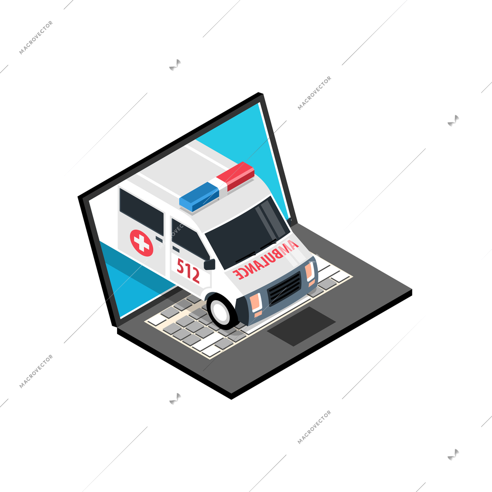 Isometric online medicine composition with ambulance car driving out of laptop screen vector illustration