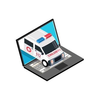 Isometric online medicine composition with ambulance car driving out of laptop screen vector illustration