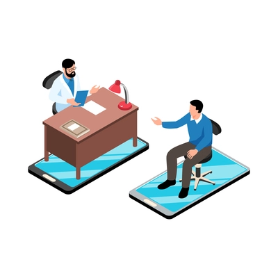 Isometric online medicine composition with isolated doctor and patient on top of smartphones vector illustration