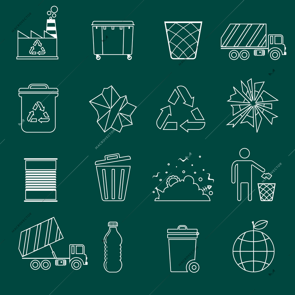 Garbage recycling icons outline set of landfill truck bottle isolated vector illustration