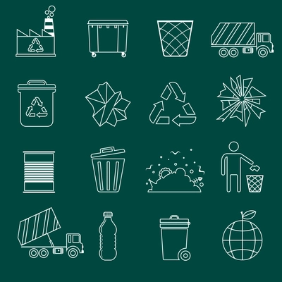 Garbage recycling icons outline set of landfill truck bottle isolated vector illustration