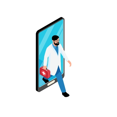 Isometric online medicine composition with doctor walking out of smartphone screen with first aid box vector illustration