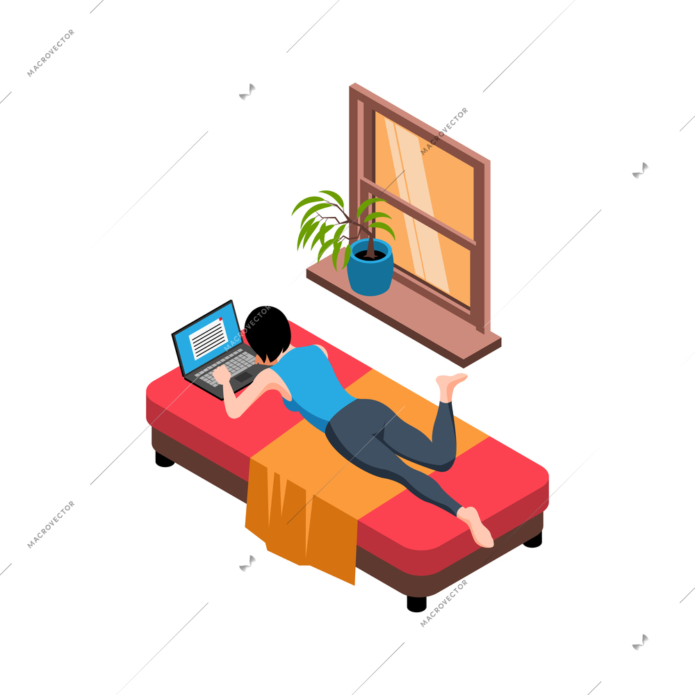 Isometric working home composition with woman lying on bed and working with laptop vector illustration