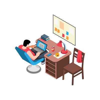 Isometric working home composition with view of living room with working place and man at table vector illustration