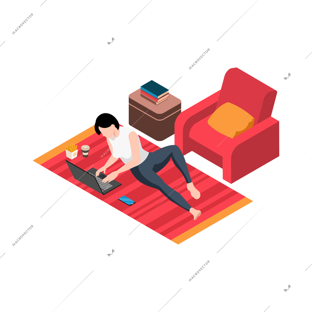 Isometric working home composition with woman lying on floor working with laptop vector illustration