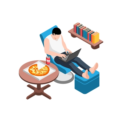 Isometric working home composition with man sitting on armchair with laptop and pizza vector illustration
