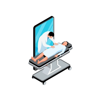 Isometric online medicine composition with smartphone doctor and medical table vector illustration