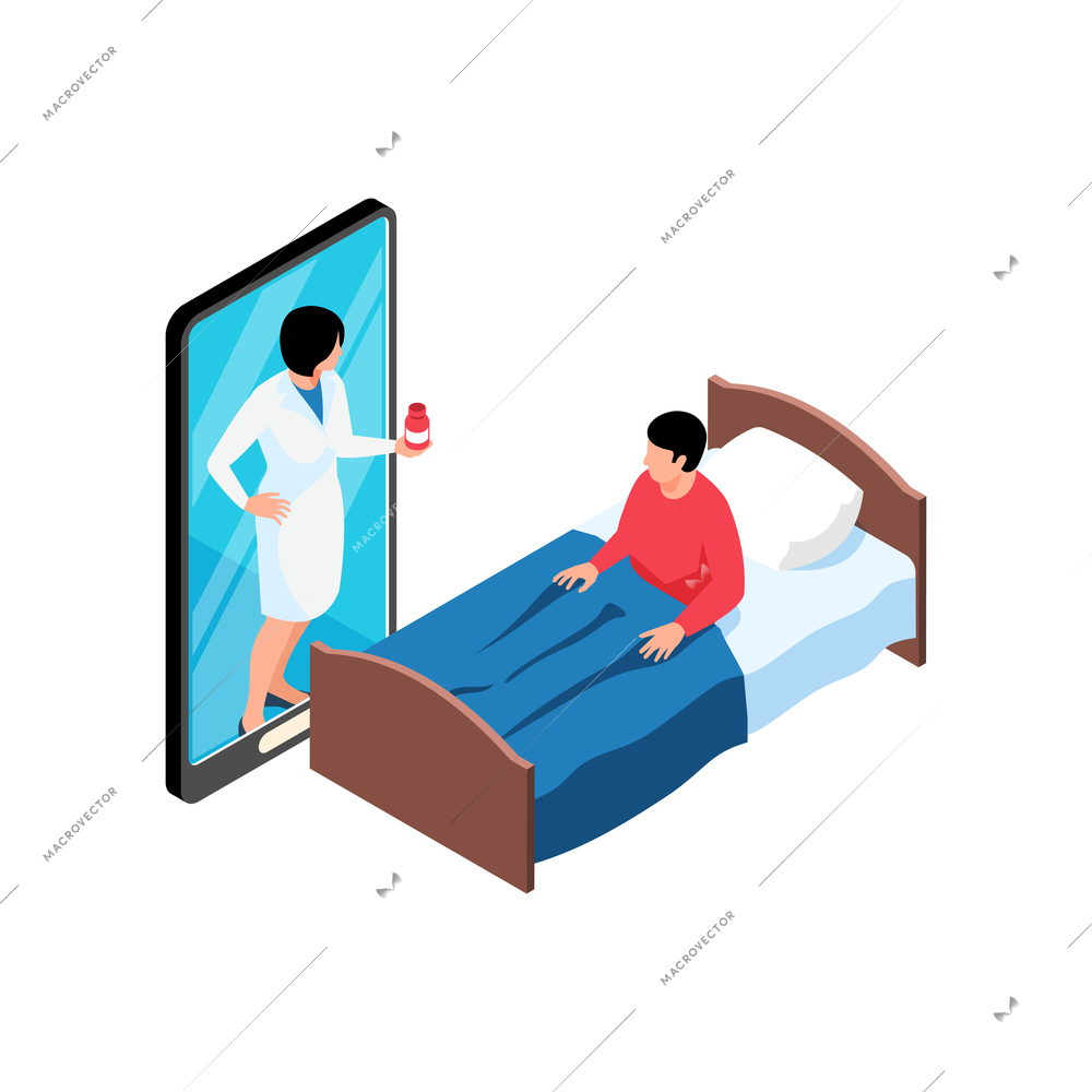 Isometric online medicine composition with female doctors visit to patient in bed vector illustration