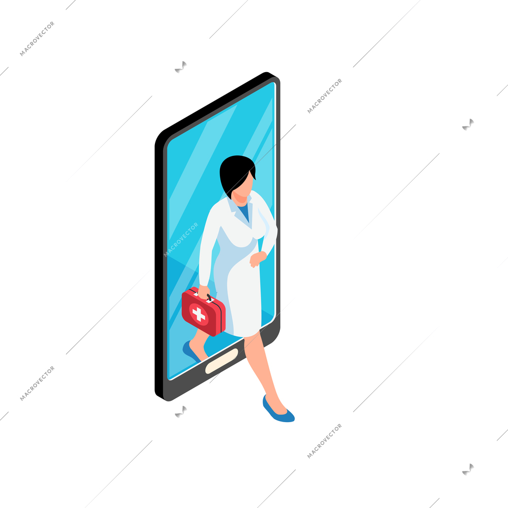 Isometric online medicine composition with female medical specialist walking out of smartphone screen vector illustration