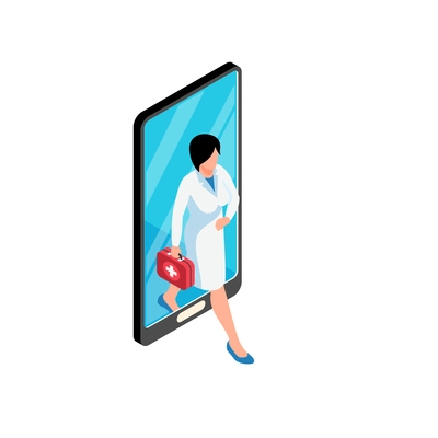 Isometric online medicine composition with female medical specialist walking out of smartphone screen vector illustration