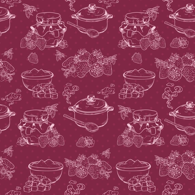 Sweet and healthy homemade strawberry jam outline seamless pattern with berries and sugar vector illustration