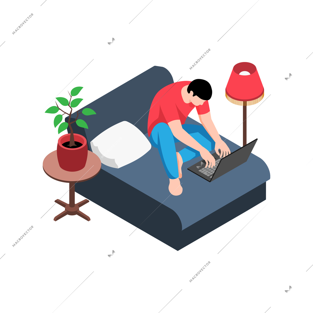 Isometric working home composition with male character with laptop sitting on bed vector illustration