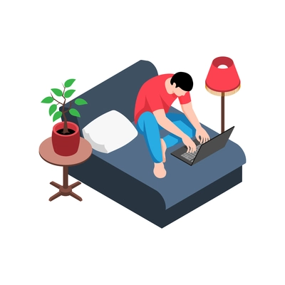 Isometric working home composition with male character with laptop sitting on bed vector illustration