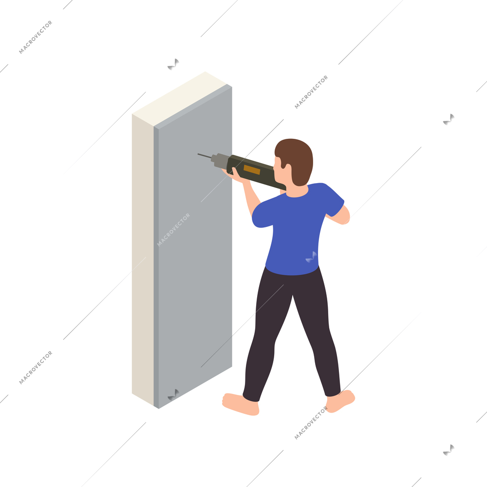 Neighbors relations conflicts isometric composition with character of man with electric hammer drill vector illustration