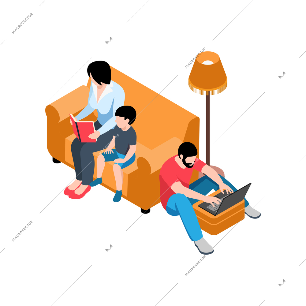 Isometric working home composition with working parents sitting on sofa with son vector illustration