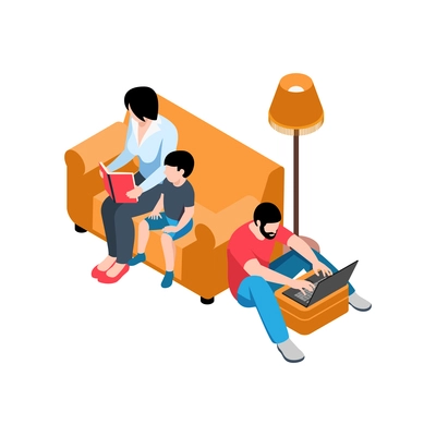 Isometric working home composition with working parents sitting on sofa with son vector illustration