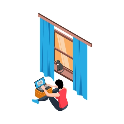 Isometric working home composition with cat sitting on window sill and working woman vector illustration