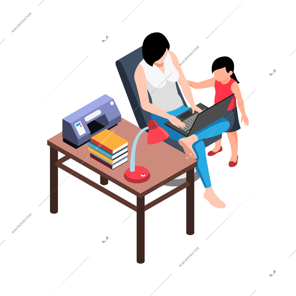 Isometric working home composition with view of domestic workplace and woman with small daughter vector illustration