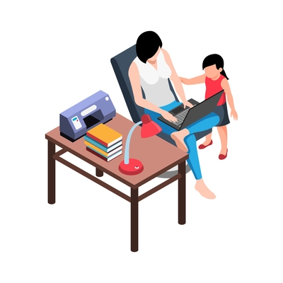 Isometric working home composition with view of domestic workplace and woman with small daughter vector illustration