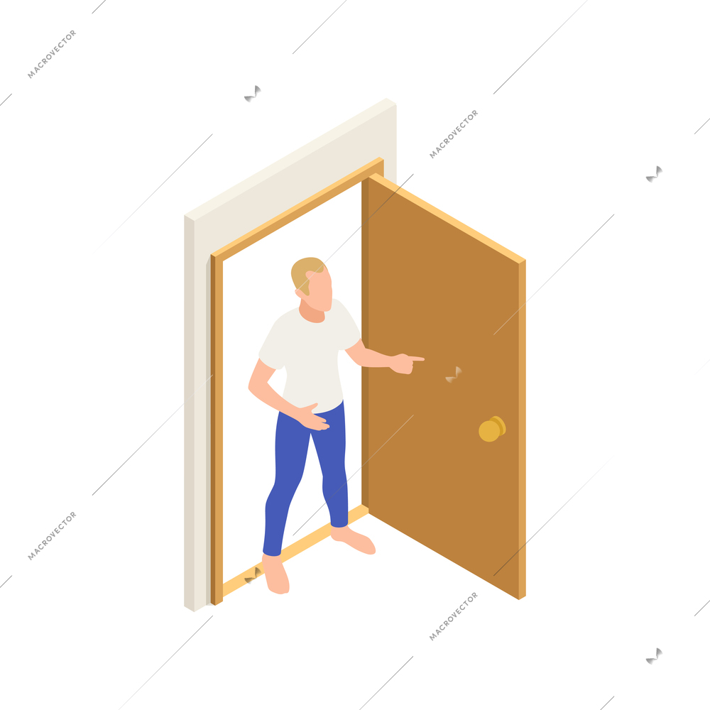 Neighbors relations conflicts isometric composition with male human character standing in doorway vector illustration