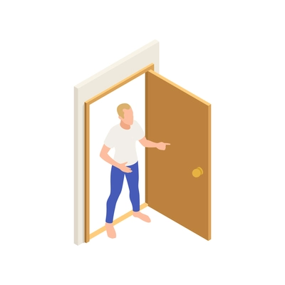 Neighbors relations conflicts isometric composition with male human character standing in doorway vector illustration