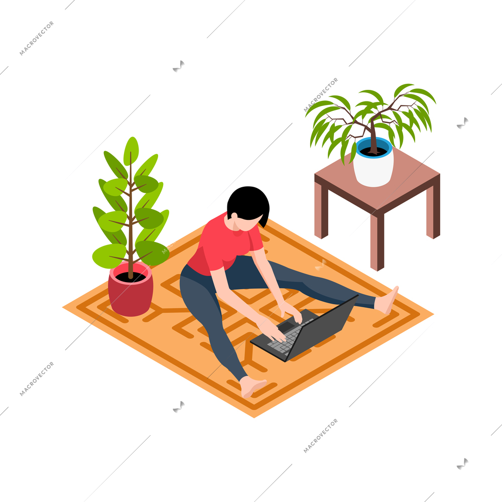 Isometric working home composition with home plants and woman sitting on floor with laptop vector illustration