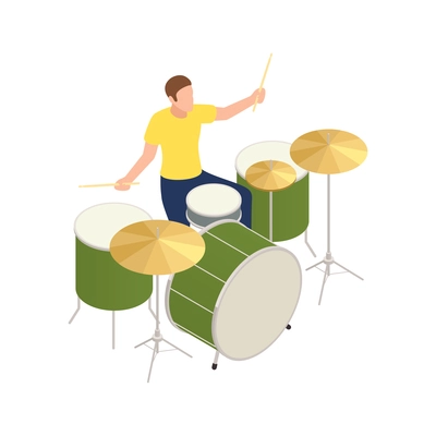 Neighbors relations conflicts isometric composition with character of drummer playing on drum set vector illustration