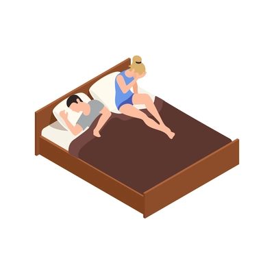 Neighbors relations conflicts isometric composition with loving couple characters lying in bed vector illustration