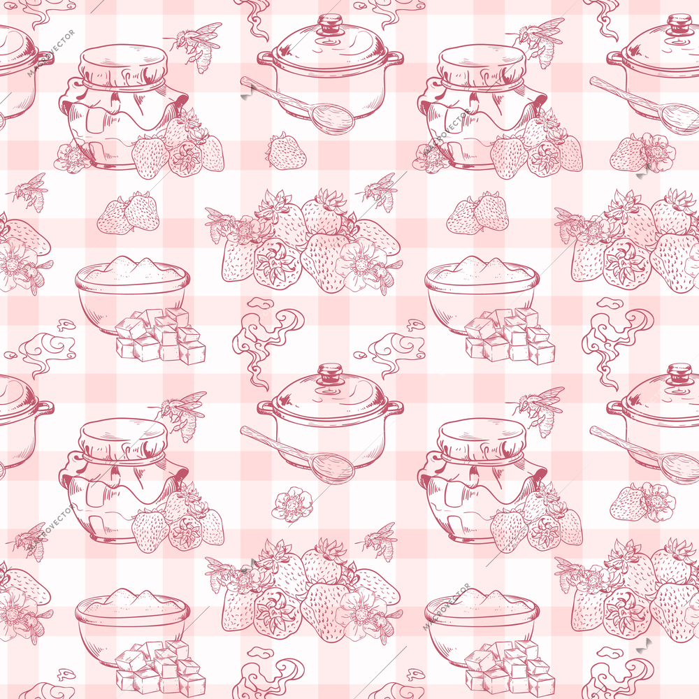 Sweet and healthy homemade strawberry jam seamless pattern on squared textile background vector illustration