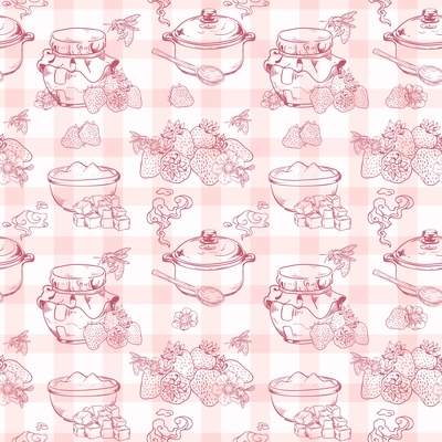 Sweet and healthy homemade strawberry jam seamless pattern on squared textile background vector illustration