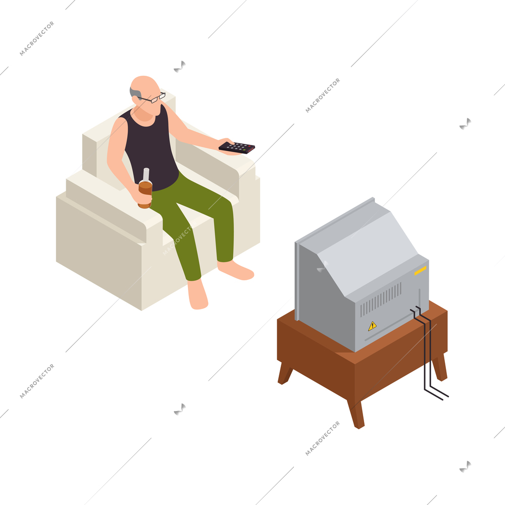 Neighbors relations conflicts isometric composition with male character watching tv in armchair vector illustration