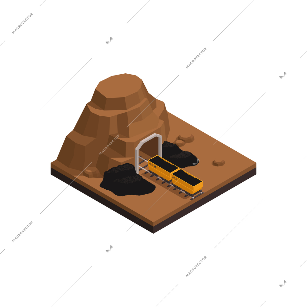 Natural resources isometric composition with image of industrial railroad mine tunnel in mountain vector illustration