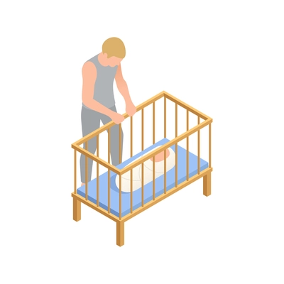 Neighbors relations conflicts isometric composition with father standing next to bed with baby vector illustration