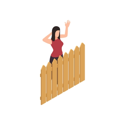 Neighbors relations conflicts isometric composition with female character standing behind wooden fence vector illustration