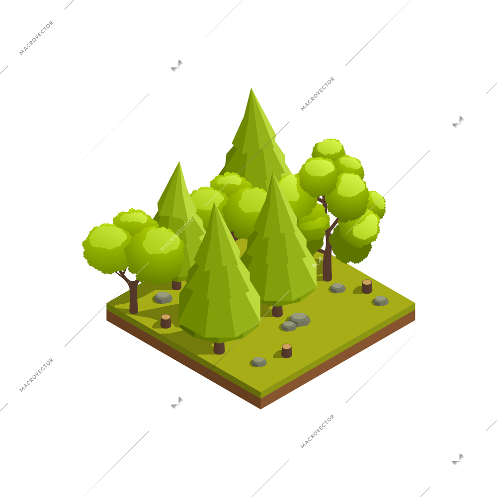 Natural resources isometric composition with square piece of wild forest with trees vector illustration