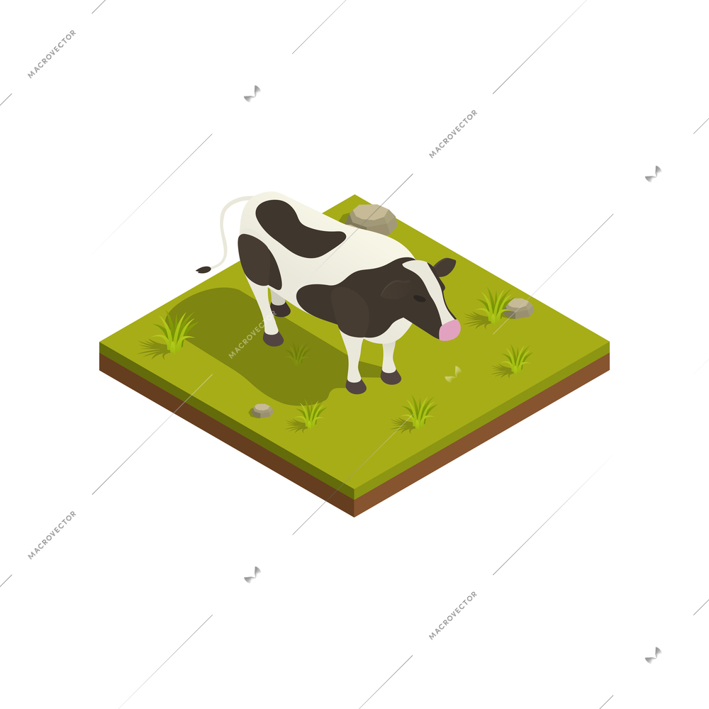 Natural resources isometric composition with image of cow grazing on grass vector illustration