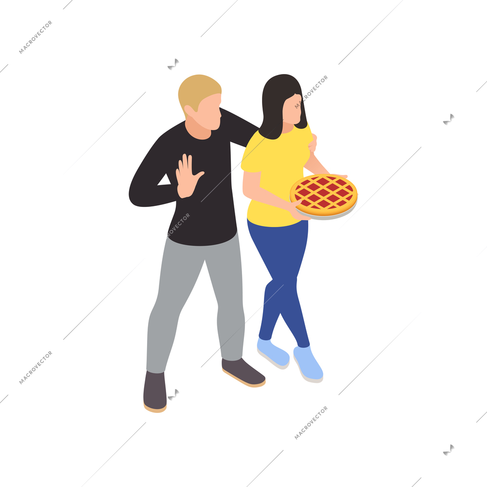 Neighbors relations conflicts isometric composition with male and female characters with cake vector illustration