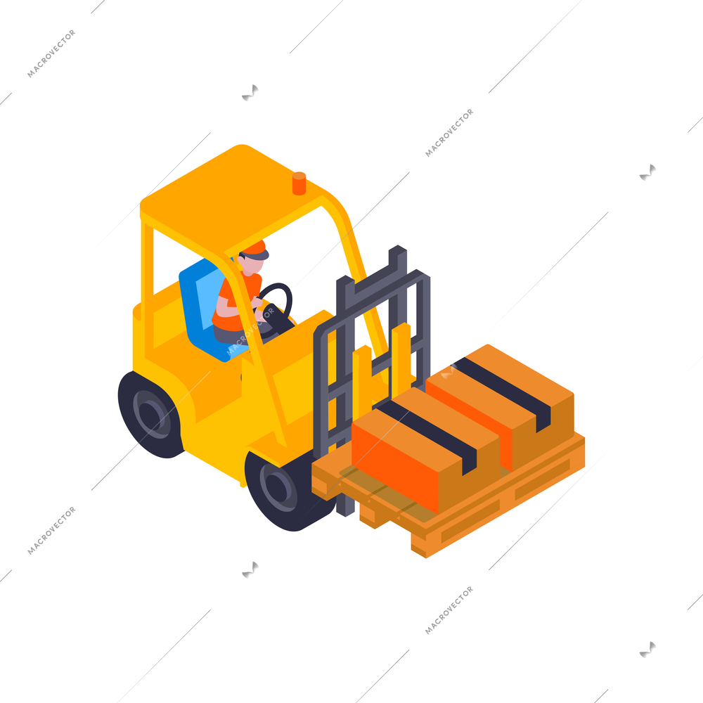 Isometric delivery composition with isolated image of forklift carrying pallet with parcels vector illustration