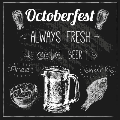 Oktoberfest traditional brewing techniques cold  fresh beer with free snacks advertising black chalk board vector illustration