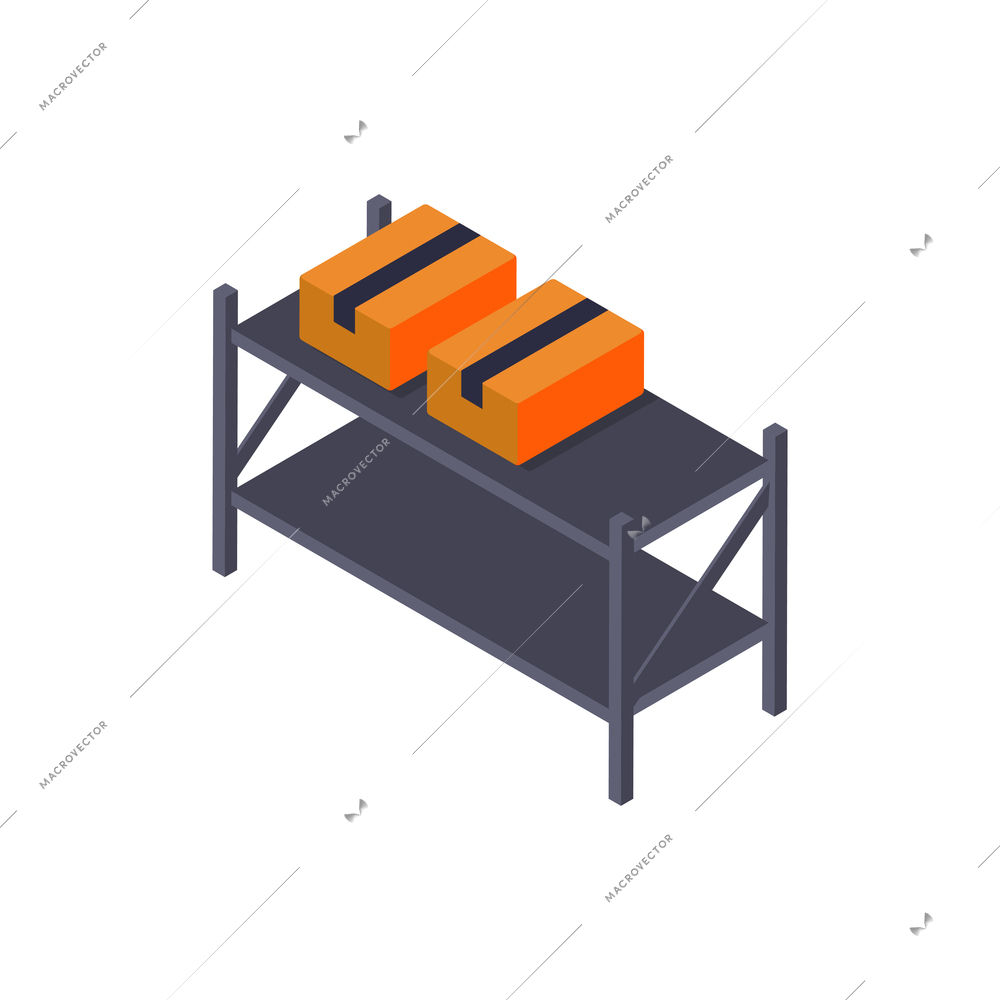 Isometric delivery composition with view of metal shelves of warehouse with carton box parcels vector illustration