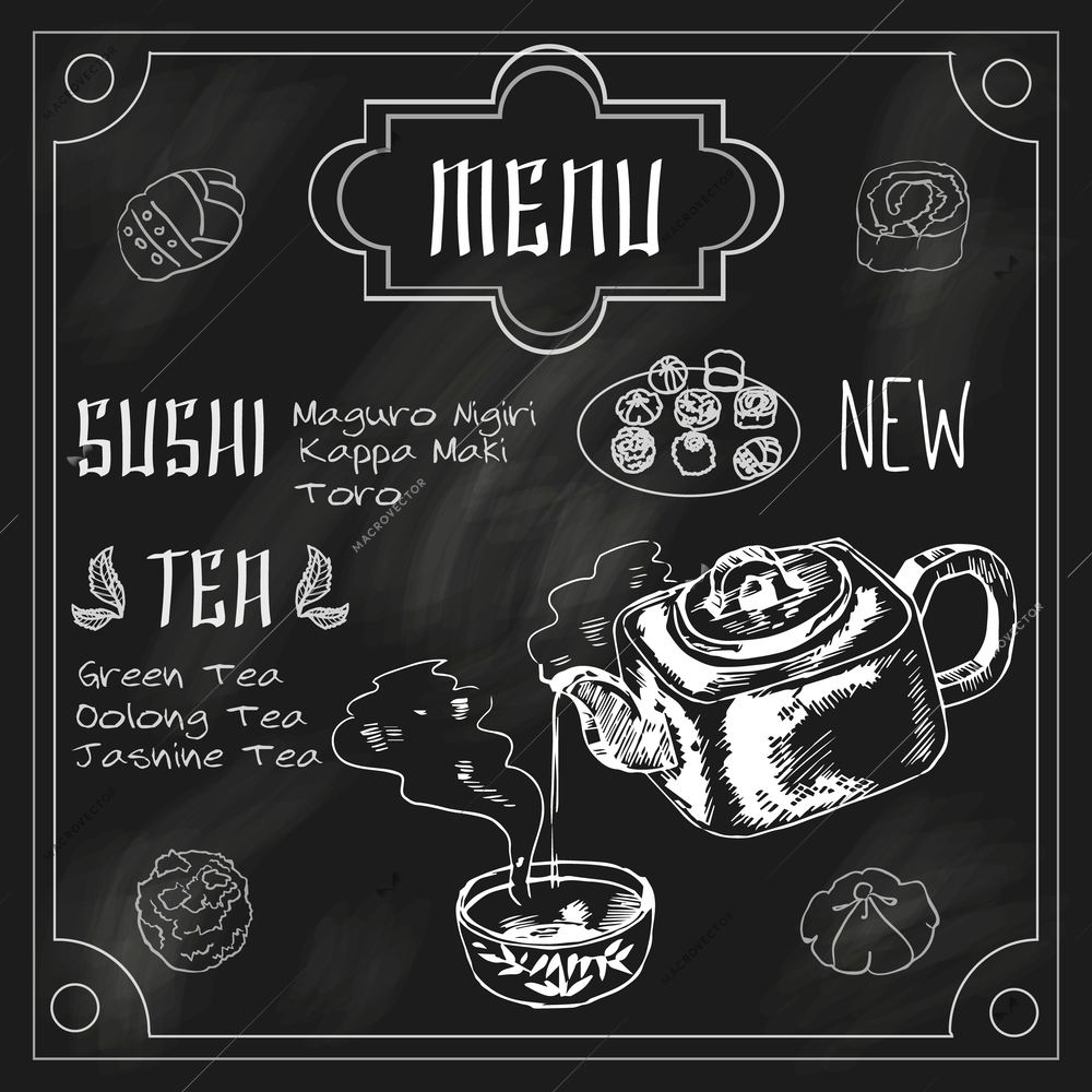 Japanese traditional sushi restaurant blackboard advertisement with green powdered jasmine matcha tea in earthenware teapot vector illustration