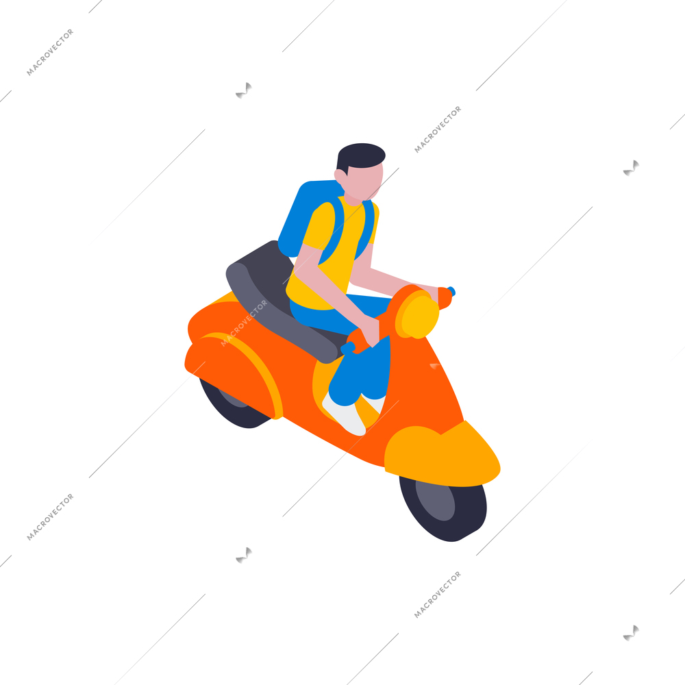 Isometric delivery composition with human character of courier delivery boy riding scooter motorbike vector illustration