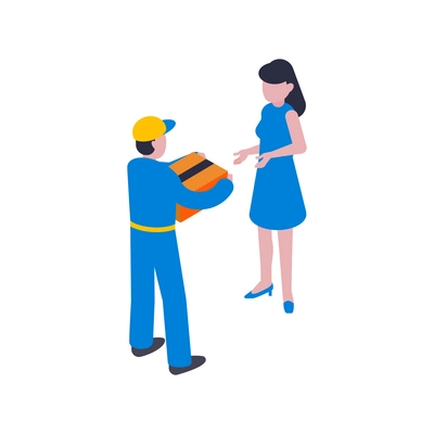 Isometric delivery composition with characters of female client and courier in uniform holding parcel vector illustration