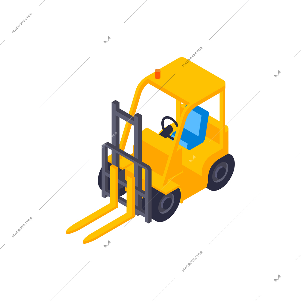 Isometric delivery composition with isolated image of forklift with no driver and freight vector illustration