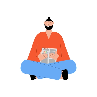News composition with flat doodle style character of sitting man reading fresh newspaper vector illustration